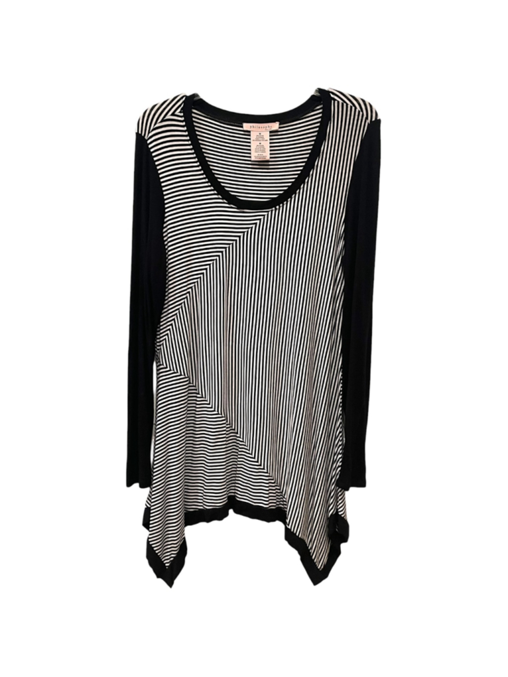 Philosophy Womens Size Medium Long Sleeve Striped Sharkbite Tunic Top Black Whit